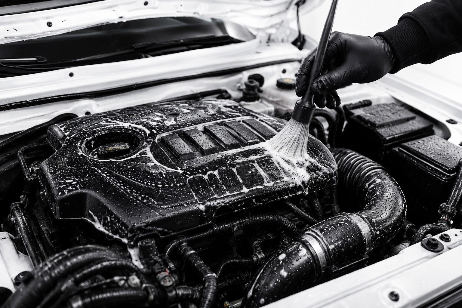 Engine bay being cleaned with a detailing brush