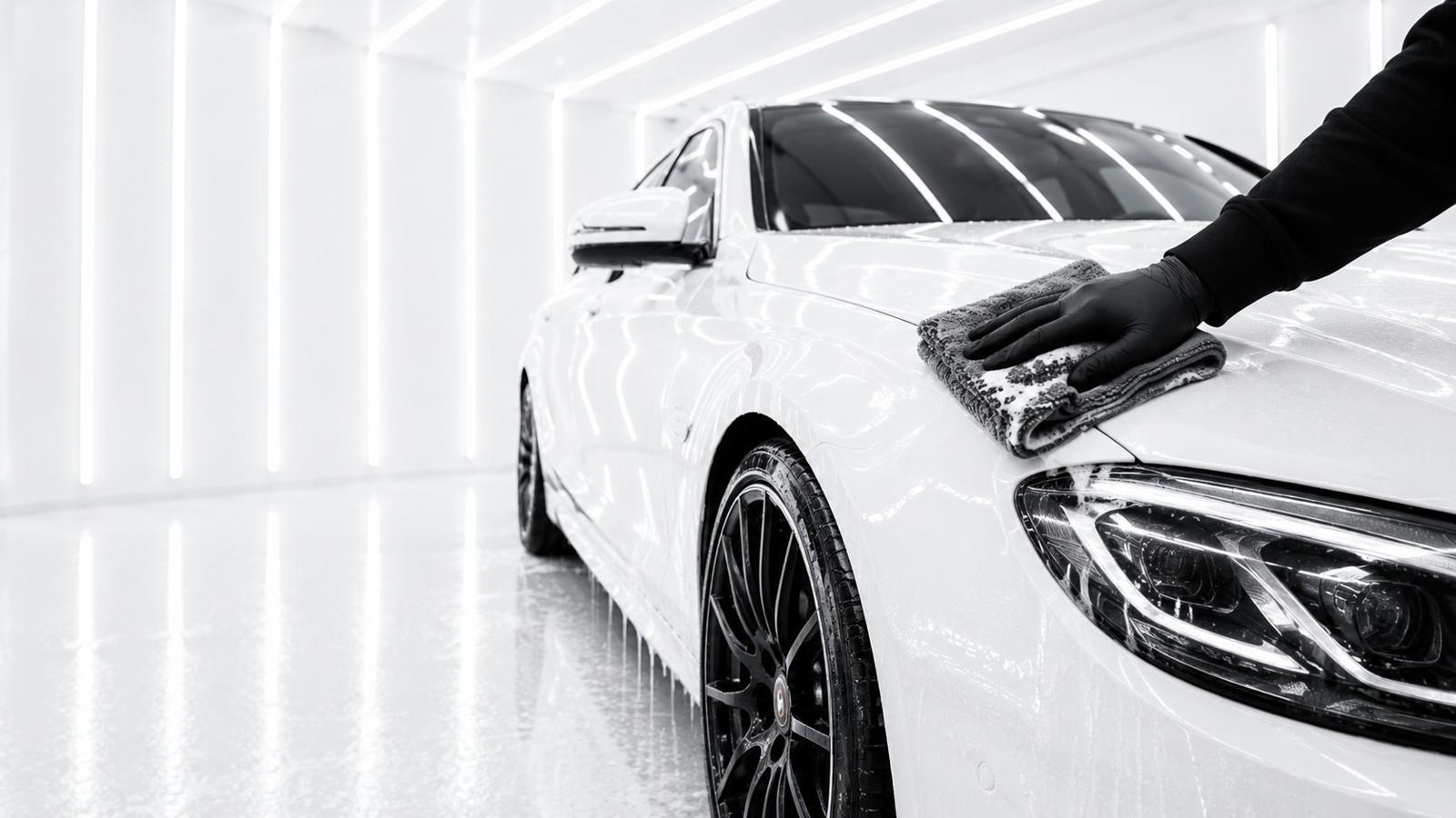 Car hood being hand dried after an exterior wash