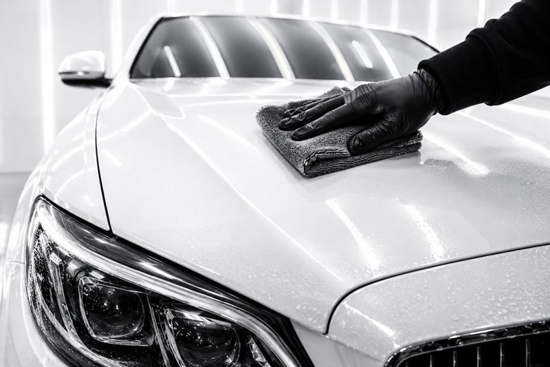 Hand applying wax to a car's paint with an applicator pad