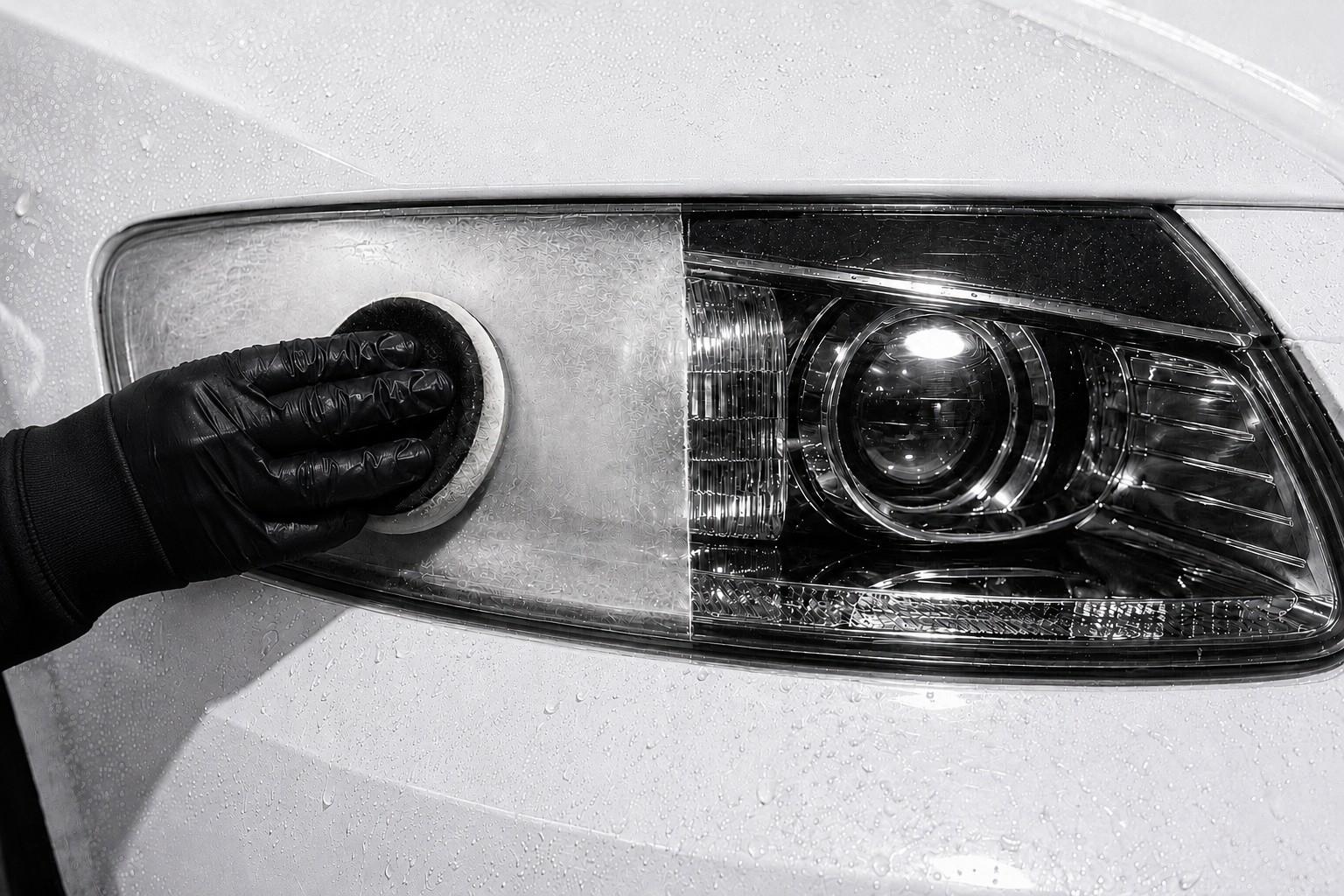 Headlight lens being restored from cloudy to clear