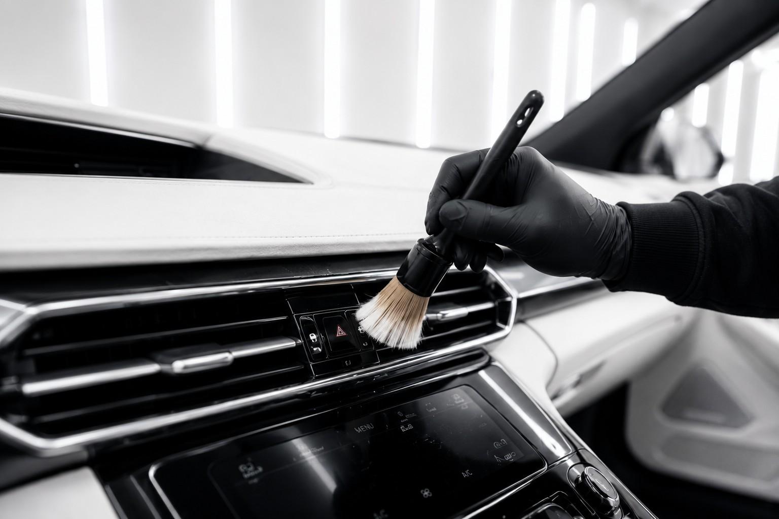 Interior car detailing brush on a leather seat