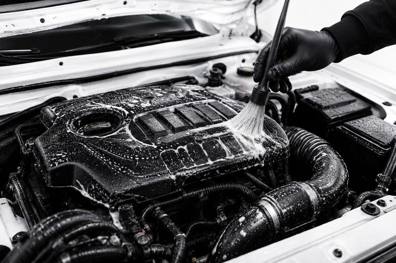 Detailing brush agitating soap on an engine cover during engine bay cleaning