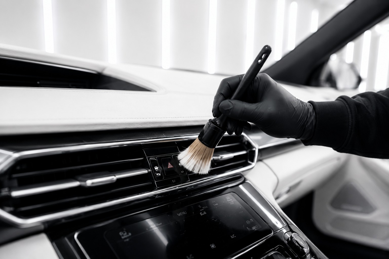Interior detail brush scrubbing leather seat