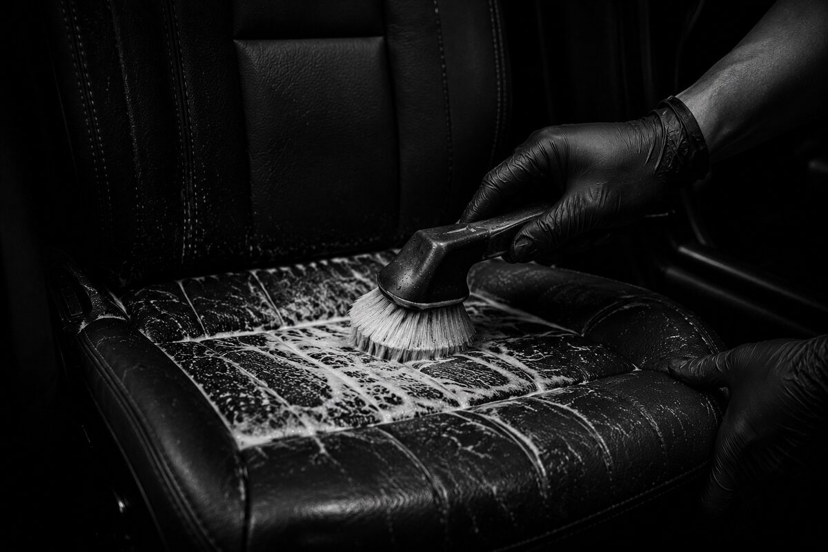 Interior detail brush scrubbing leather seat